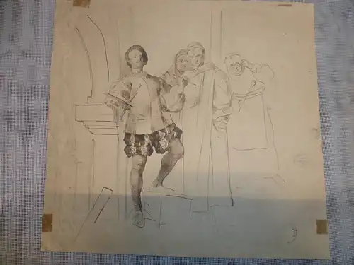 Jobst Franz 1840-1890 " Der Künstler beim Klerus"  Tuschezeichnung 