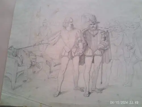 Albert Lang 1847-Karlsruhe-1933Kreis  " Nach einem Fechtkampf / Szene Edelmänner bei Hofe "  Silberstiftzeichnung 