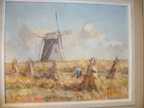 Knut Norman 1896-1977 Trelleburg " Bäuerin bei der Feldarbeit im Hintergrund Getreidemühle und Heuhocken" Postimpressionistisches Ölgemälde 