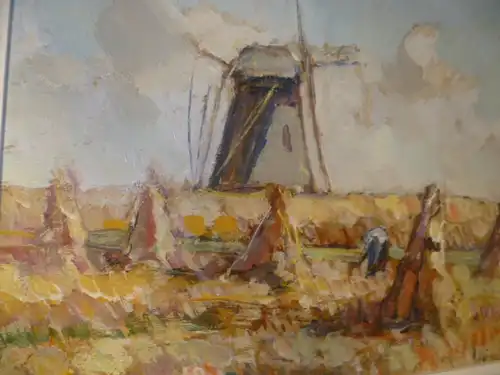 Knut Norman 1896-1977 Trelleburg " Bäuerin bei der Feldarbeit im Hintergrund Getreidemühle und Heuhocken" Postimpressionistisches Ölgemälde 