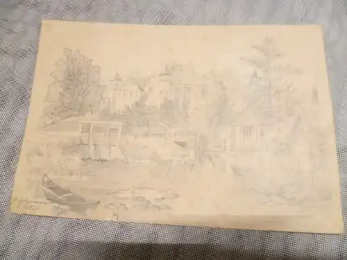 Adolf Holzmann Maler des XIX "Romantische Burganlage mit 1 Teich und einer Wassermühle "signiert A Holzmann datiert 1878