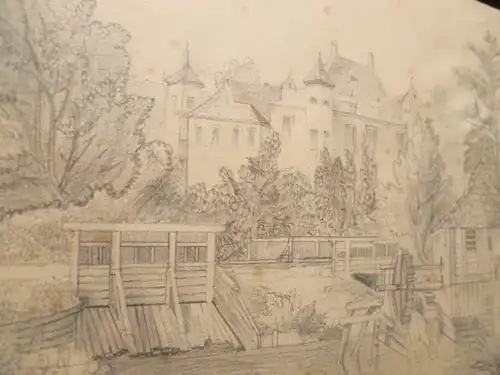 Adolf Holzmann Maler des XIX "Romantische Burganlage mit 1 Teich und einer Wassermühle "signiert A Holzmann datiert 1878