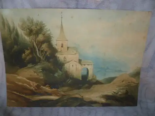 Münchner Schule Landschaftsromantiker " Italienischer Alpensee mit Burganlage Alpenpanorama und Kirchenanlage " um 1840