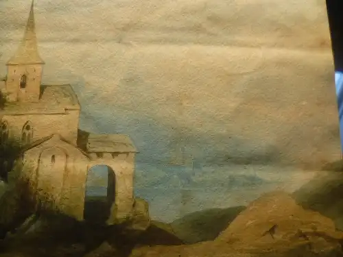 Münchner Schule Landschaftsromantiker " Italienischer Alpensee mit Burganlage Alpenpanorama und Kirchenanlage " um 1840