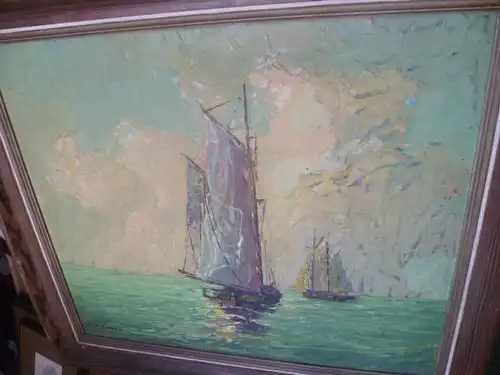 Schober  E Malerin XIX - XX  "Segelschiffe mit Spiegelungen zur Mittagszeit" wohl franz. Küste 