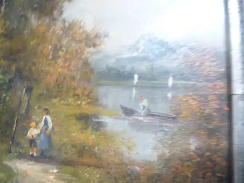 Gollert ? Italien oder Frankreich Maler des XIX  MIniatur Gemälde Öl Holzplatte  " Ideallandschaft mit Fischer auf dem See und Mutter mit Kind am Ufer Hintergrund Bergmassiv " " um 1870
