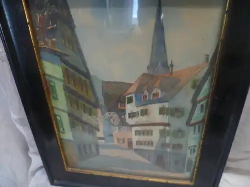 7505 Bretten Aquarell" Fachwerkhäuser altes Lamm Kirche " signiert H. Heller Masse 28 cm x 35 cm