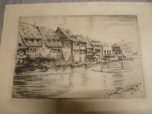 Peter Hahn Maler XIX - XX " Bamberg Flößer auf der Regnitz " Radierung Blatt 11 von 15 