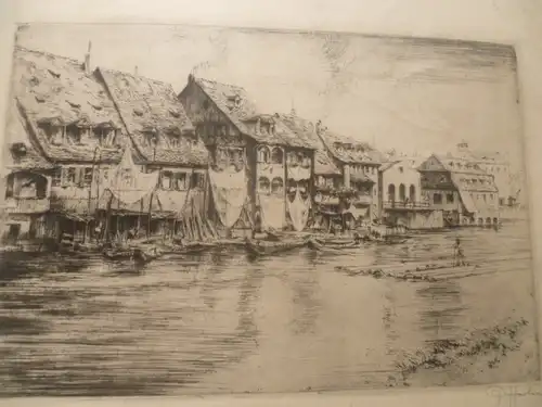 Peter Hahn Maler XIX - XX " Bamberg Flößer auf der Regnitz " Radierung Blatt 11 von 15 