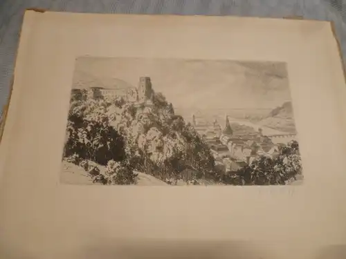 Heinrich Wolff  Radierer  XIX - XX " Heidelberg mit dem Schloss Blick auf den Neckar " Radierung