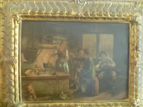 Franz Defregger, ab 1883 Ritter von Defregger 1835 -1921 " Wirtshausscene mit Jägern  "  Kunstdruck auf Metalplatte gerahmt