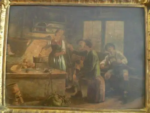 Franz Defregger, ab 1883 Ritter von Defregger 1835 -1921 " Wirtshausscene mit Jägern  "  Kunstdruck auf Metalplatte gerahmt