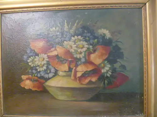 Stilleben Mohn mit Margeriten in einer Vase auf dem Tisch  , Karlsruhe um 1900 gemalt signiert?