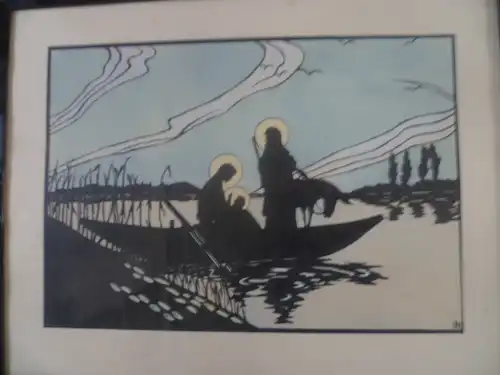 Jugendstil  oder Art Deko Lithographien aquarelliert als Paar original gerahmt aus der Zeit um 1920  " Musizierende Mönch am See und Überfahrt der heiligen Familie "