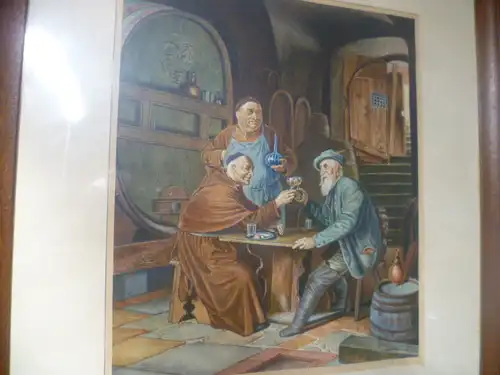 Jäger Mönch und Wirt trinkend im Weinkeller  , Aquarell um 1880  signiert !!