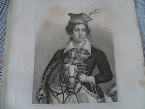 TOMASZEWSKA v Antonina (1814-1883)  Hüftbild nach viertelrechts zu Pferde der "Anführerin der Samogitischen Reuter im Polnischen Freiheits-Kampfe von 1831 " Dreiviertelportrait"  Stahlstich um 1840