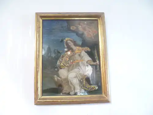 Heilige Barbara über ihr ein beflügelter Engel, Hinterglasbild aufblickend u. mit Märtyrerpalme in der Linken  süddeutscher Raum= Augsburg um 1800 Süddeutscher Meister oder Klosterarbeit polychrome Bemalung mit Feinzeichnungen in Gold !