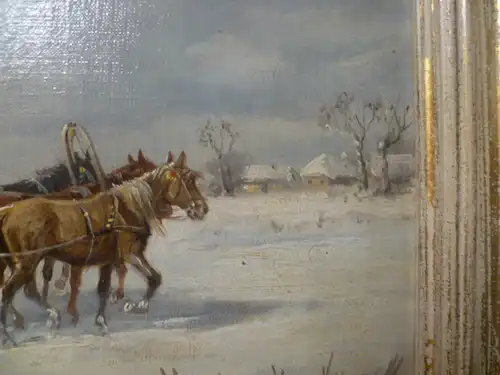 Alfred Steinacker „ Winterlandschaft mit einem Pferdehändler zur Rechten ungarisches Dorf“  (1838 Ödenburg-1914 Wien)