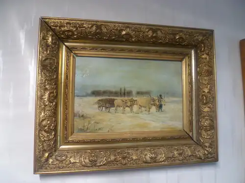   Alfred Steinacker „ Winterlandschaft mit einem Ochsenkarrengespann beladen mit Reisig und Holz in weiter Pustalandschaft “ (1838 Ödenburg-1914 Wien) 