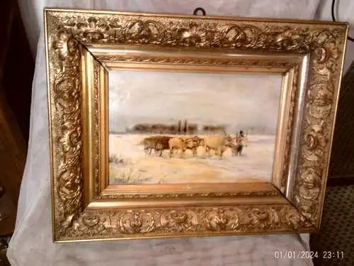 Attb:  Alfred Steinacker „ Winterlandschaft mit einem Ochsenkarrengespann beladen mit Reisig und Holz in weiter Pustalandschaft “ (1838 Ödenburg-1914 Wien) 