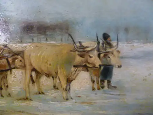  Alfred Steinacker „ Winterlandschaft mit einem Ochsenkarrengespann beladen mit Reisig und Holz in weiter Pustalandschaft “ (1838 Ödenburg-1914 Wien) 