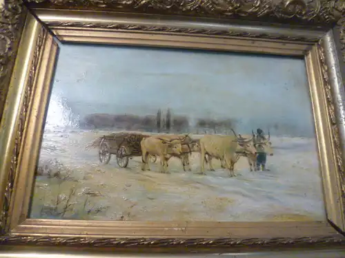   Alfred Steinacker „ Winterlandschaft mit einem Ochsenkarrengespann beladen mit Reisig und Holz in weiter Pustalandschaft “ (1838 Ödenburg-1914 Wien) 