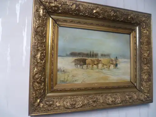   Alfred Steinacker „ Winterlandschaft mit einem Ochsenkarrengespann beladen mit Reisig und Holz in weiter Pustalandschaft “ (1838 Ödenburg-1914 Wien) 