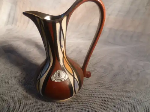 Ü Keramik Vintage Überlacker Keramik Vase Schwanenhenkel Rockabilly Ära 1956 Lackierung Etikett H: 13 cm