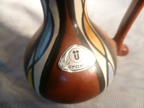 Ü Keramik Vintage Überlacker Keramik Vase Schwanenhenkel Rockabilly Ära 1956 Lackierung Etikett H: 13 cm