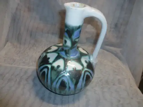 Gambone Guido 1909-1969 Henkelvase seltene Lauflasur Arkadenbögen Zuschreibung in Grün und Blautönen um 1950-60 er H: 21,5 cm 