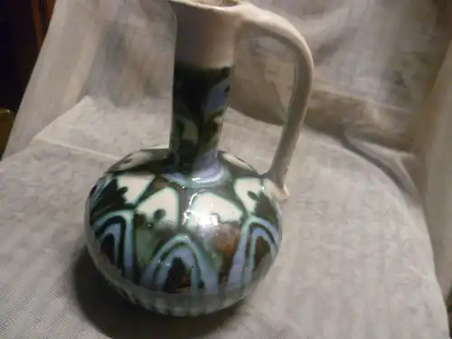 Gambone Guido 1909-1969 Henkelvase seltene Lauflasur Arkadenbögen Zuschreibung in Grün und Blautönen um 1950-60 er H: 21,5 cm 