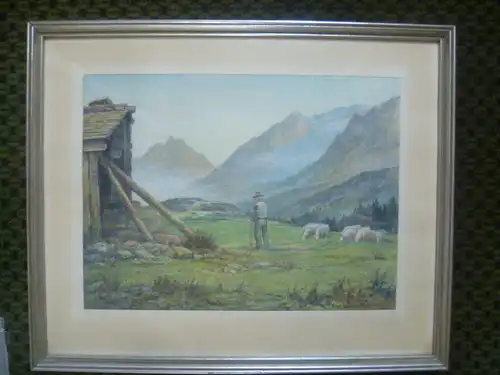 Franz Windbiel 1897 - Aquarell signiert und wohl 1972 oder 1942 datiert Schaafhirte mit seiner Herde 