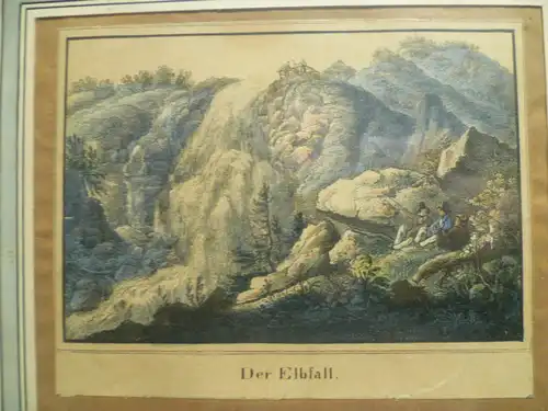 Elbfall mit Wanderer aquarellierter Stahlstich um 1860 