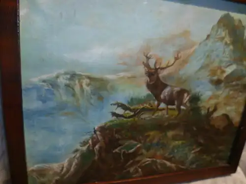 Edgar Meyer 1853-1925 " Alpenpanorama mit Hirsch auf einem Felsen " signiert