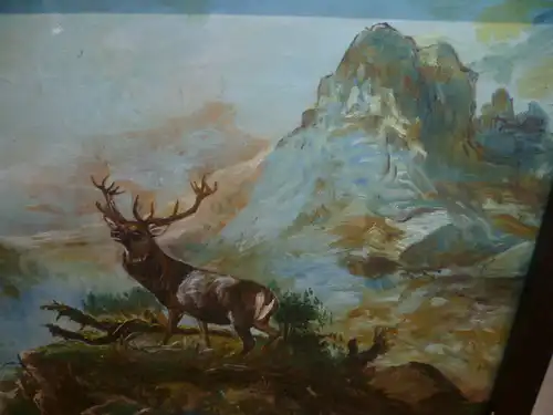 Edgar Meyer 1853-1925 " Alpenpanorama mit Hirsch auf einem Felsen " signiert