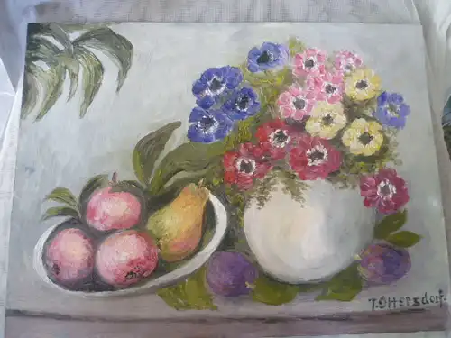 Früchte und Blumen auf dem Tisch  Stillleben  signiert T Ottersdorf  Vintage 70s