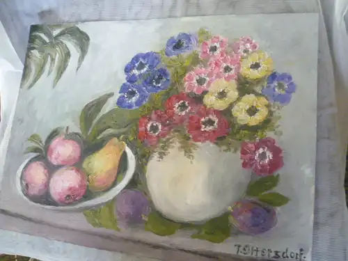 Früchte und Blumen auf dem Tisch  Stillleben  signiert T Ottersdorf  Vintage 70s