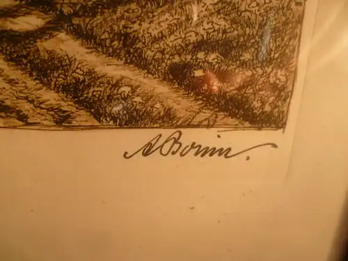 A . Bonin , Radierung mit warmen Sepiatönen auf festem Chamoois farbenem Bütten ca 1920 entstanden "Reethaus mit Birken auf Sylt"