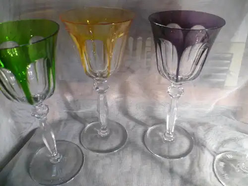 Doroteenhütte oder Nachtmann   Bleikristall geschliffene Weinrömer  3 Stück in violett + grasgrü+gelblich orange ?