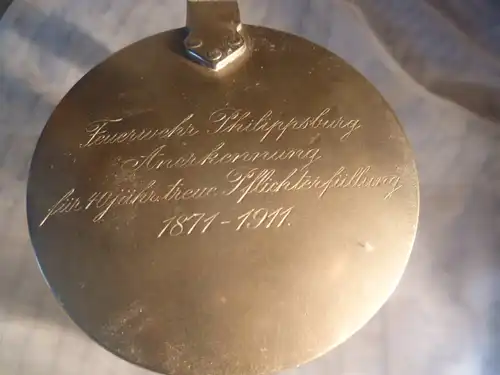 Philippsburg Feuerwehr Bierkrug Anerkennung 40 Jahre 1871-1914 Daumendrücker 