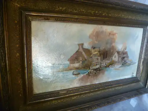 Romantisches Fischerdorf an der Ost oder Nordsee Romantiker um 1880 Ölgemälde signiert? Ölgemälde auf Malpappe rechts im Bild signiert ,