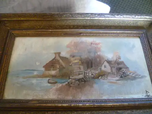 Romantisches Fischerdorf an der Ost oder Nordsee Romantiker um 1880 Ölgemälde signiert? Ölgemälde auf Malpappe rechts im Bild signiert ,