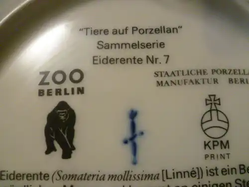  Sammelserie " Tiere auf Porzellan " der königlichen Porzellanmanufaktur Berlin - KPM. Es handelt sich um die Nr.7 - Eiderente