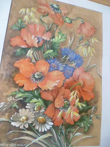 Renner Adolf bedeutendes großes Aquarell signiert Renner Adolf 31.08. 1945 Wiesenblumen Mohn Margeriten ..