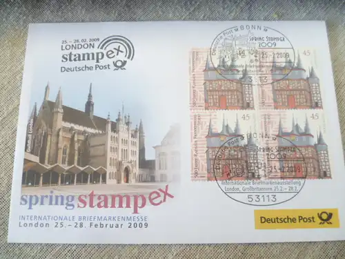Erstagsbrief SPRING STAMPEX 2009“, die vom 25.-28. Februar 2009 in London stattfand. Der Ausstellungsbeleg ist frankiert mit einem Viererblock 