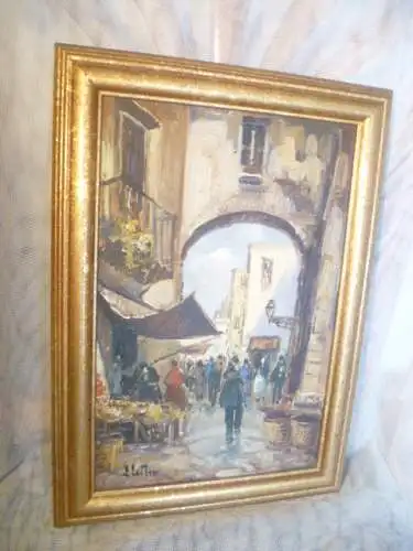 "Belebte Strassenszene in Torino"Gemälde signiert ÖLgemälde auf Malkarton links signiert , um 1970 Jahre gemalt in Galerie Rahmen :36,5 cm x 26,5 cm