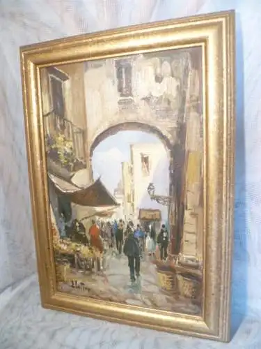 "Belebte Strassenszene in Torino"Gemälde signiert ÖLgemälde auf Malkarton links signiert , um 1970 Jahre gemalt in Galerie Rahmen :36,5 cm x 26,5 cm