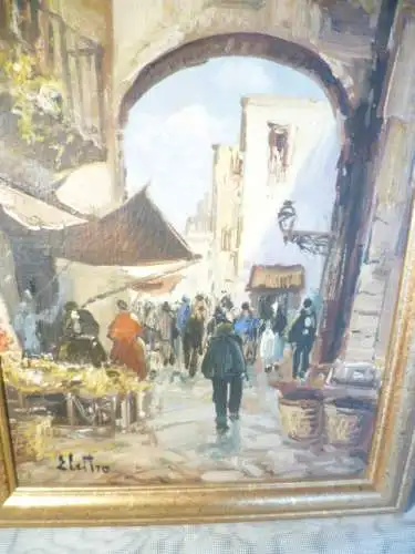 "Belebte Strassenszene in Torino"Gemälde signiert ÖLgemälde auf Malkarton links signiert , um 1970 Jahre gemalt in Galerie Rahmen :36,5 cm x 26,5 cm