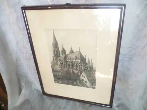 Münsterblick Freiburg iB Lithographie sig. siehe Foto  alt verschlossen verglast und gerahmt! Masse: 26 cm x 32cm