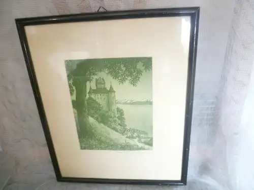 Meersburger Schloss mit Seeblick Richard Kasbaum  Lithographie signiert Originale Rahmung und Verglasung Um 1920 
